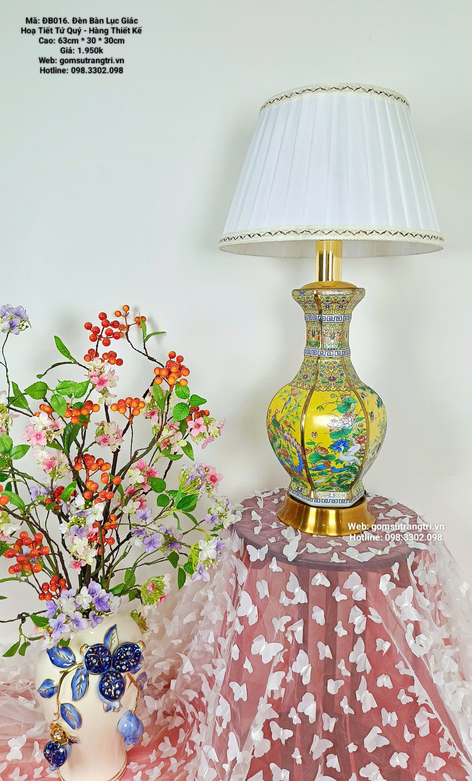 ĐÈN BÀN LỤC GIÁC HỌA TIẾT TỨ QUÝ – HÀNG THIẾT KẾ CAO CẤP